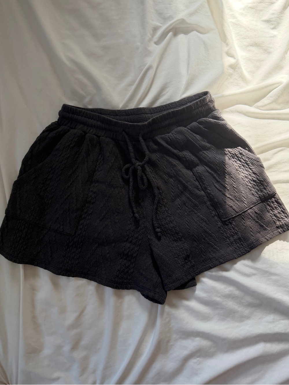 Cherish Black Textured Pull-On Shorts Drawstring Casual